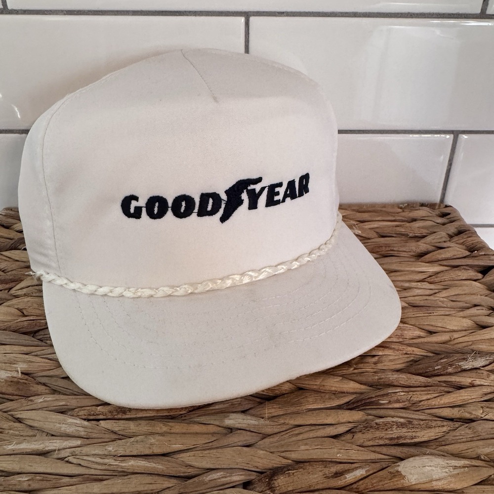 Vintage GOODYEAR White Rope Brim Snap Back Cap SWINGSTER‎ Made In USA BRAND NEW